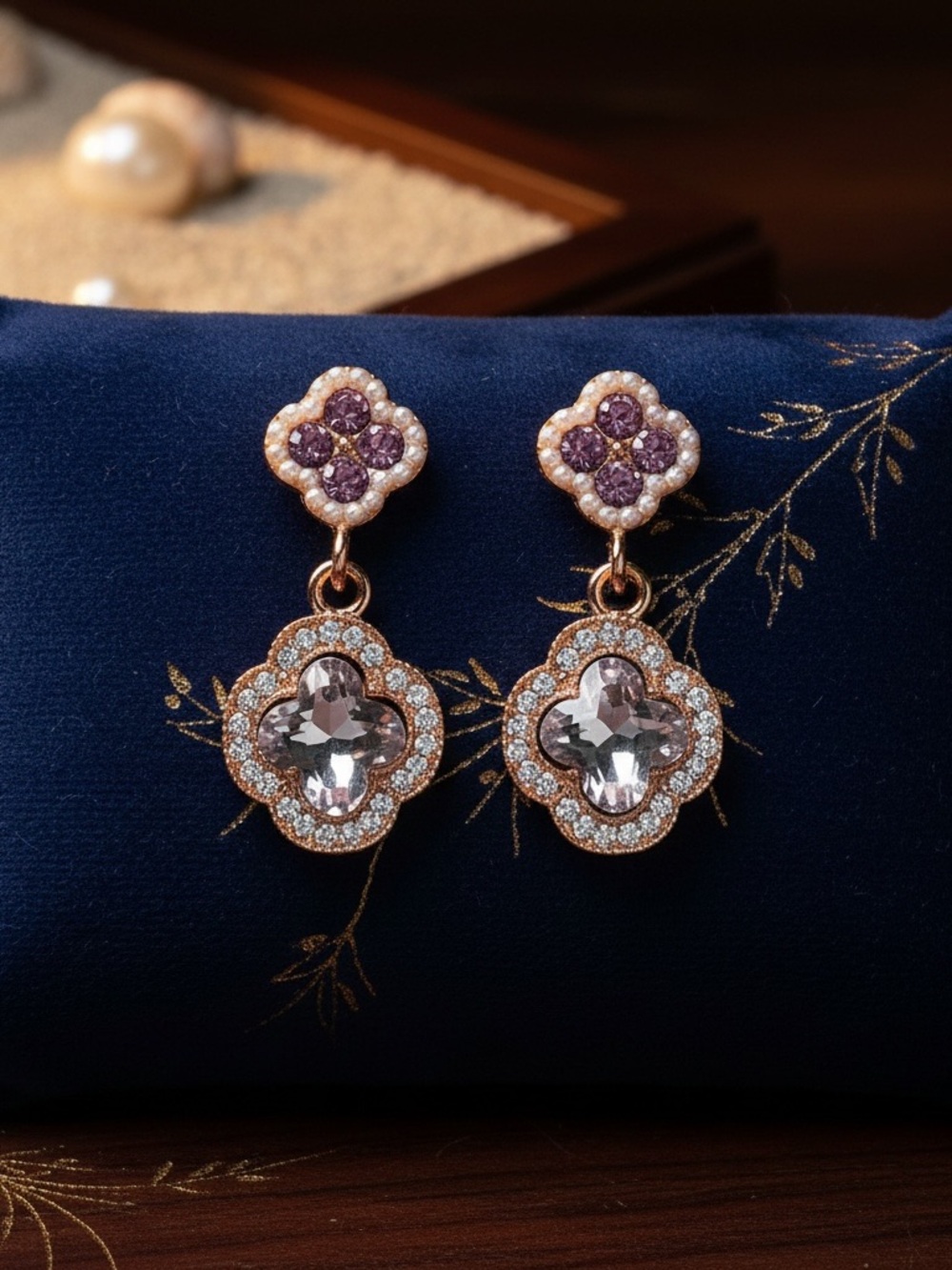 Gold Clover Drop Earrings with Purple Crystals